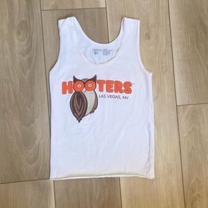 Small White Hooters tank and small Orange Hooters shorts